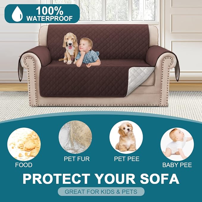 Turquoize 100% Waterproof Couch Cover Sofa Covers for 2 Cushion Couch Loveseat Covers Triple Non-Slip Couch Cover for Dogs Washable Furniture Protector Cover for Pets, Kids,Dog (Loveseat 54", Brown) - Image 2