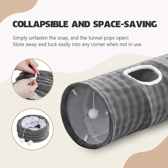 Straight Bubble Cat Tunnel for Indoor Cats 47"x12", Grey | Cute Cat Toys, Collapsible Tunnel Tube with Hanging Balls for Puppy Kitten Rabbit - Image 6