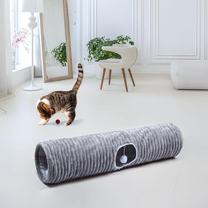 Luxurious Cat Tunnel,43" Straight Cat Tunnel Bed with Balls,Cat Toys for Indoor Cats,Collapsible Peekaboo Cat Cave for Kitten Toys (Gray Stripe) - Image 2