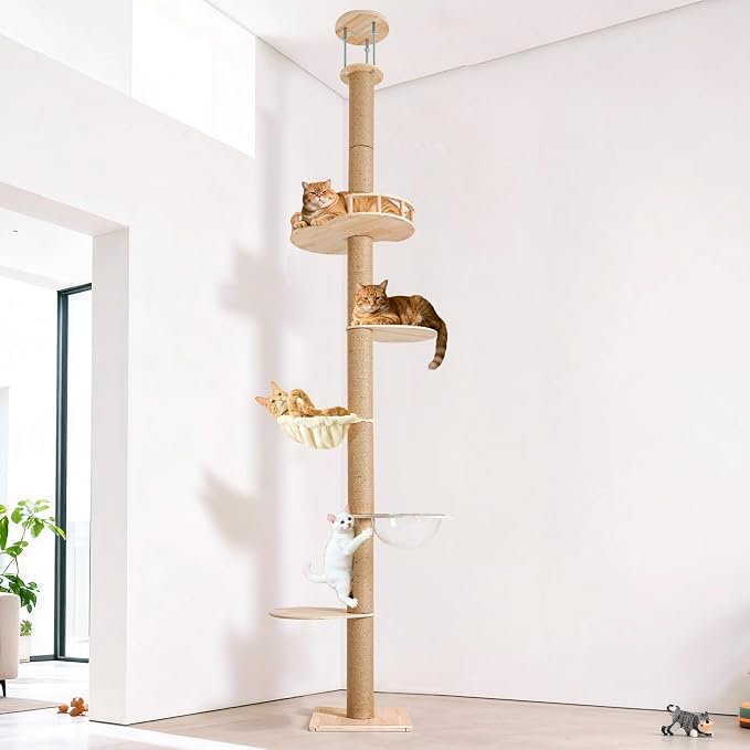 5 Level Floor to Ceiling Cat Tree,50-120in Adjustable Height Tall Cat Tower | Space-Saving Design, Heavy Duty Plywood Cat Pole with Jump Platform, Hammock & Capsule - Image 8