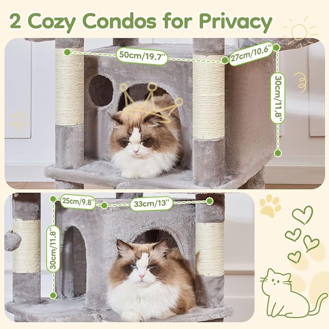 Taoqimiao Cat Tree for Large Cats, 76.8 Inches XL Cat Tower for Indoor Cats | 2 Scratch Boards, 3 Top Perches, 9 Scratching Posts, Multi-Level Cat Tree with 2 Condos, 2 Cozy Basket, Light Gray, T20W - Image 4