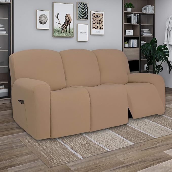 PureFit Super Stretch 3 Seats Recliner Sofa Couch Cover with Pocket | Non Slip Soft Sofa Slipcover, Washable Spandex Reclining Furniture Protector for Kids, Pets (Recliner Sofa, Camel) - Image 2