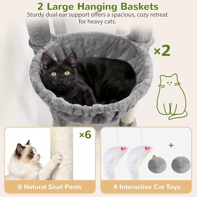 Globlazer 75in Sturdy Cat Tree Tower for Indoor Large Cat, S75, Light Grey | Multi-Level Heavy Duty Cat Tower with Scratching Post, Oversized Condos & Perches for Big Cats, Large Baskets, Enlarged Base - Image 4