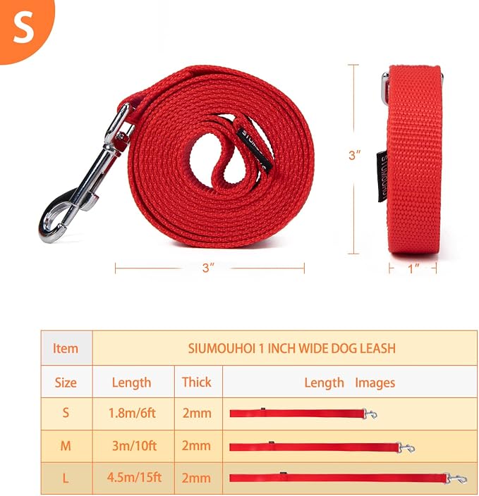 Strong Durable Nylon Dog Training Leash, 1 Inch Wide Traction Rope, 6 ft 10ft 15ft Long, for Small and Medium Dog (Red, 6 Feet) - Image 2