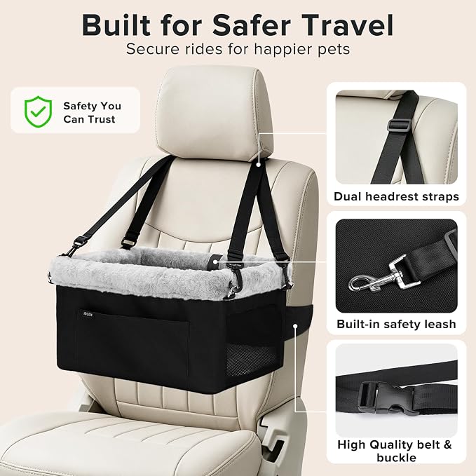 JOEJOY Deluxe Dog Booster Seat with Sturdy Metal Frame and Safety Leash for Small Pets up to 20 lbs - Portable Puppy Dog Car Seat with Thick Cushion and Storage Pockets for Small Dogs, Black - Image 2