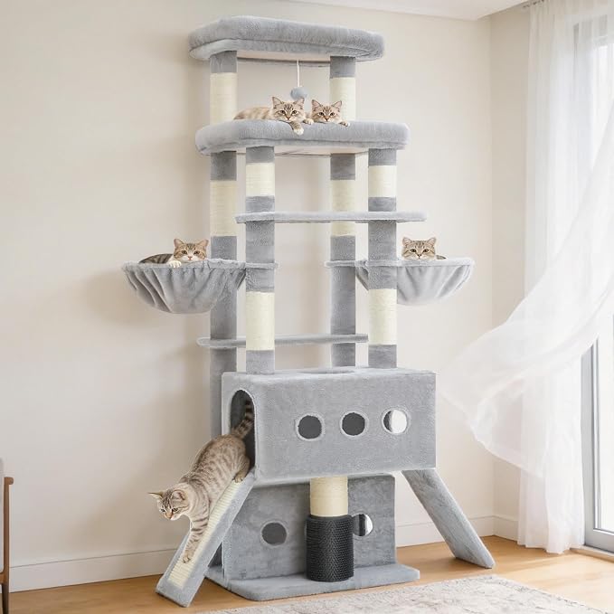 Hey-brother Cat Tree Tower with Multi-Level Platforms, Cozy Condos, MPJ085W | 71.5 Inches Cats House, Scratching Posts with 2 Hammocks, Scratch Board, 2 Plush Baskets for Multiple Indoor Cats, Light Gray - Image 8