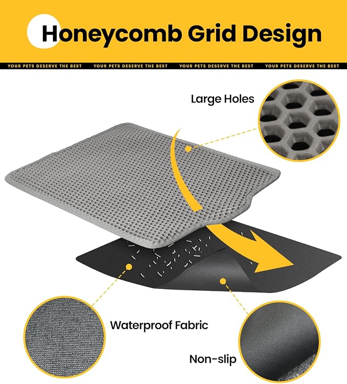 Conlun Cat litter Mat 30"x22", Large Honeycomb Double Layer Waterproof Trapping Waste for Kitty Litter Box, Easy Clean Non-Slip Cat Matt on Floor, Gray - Image 4