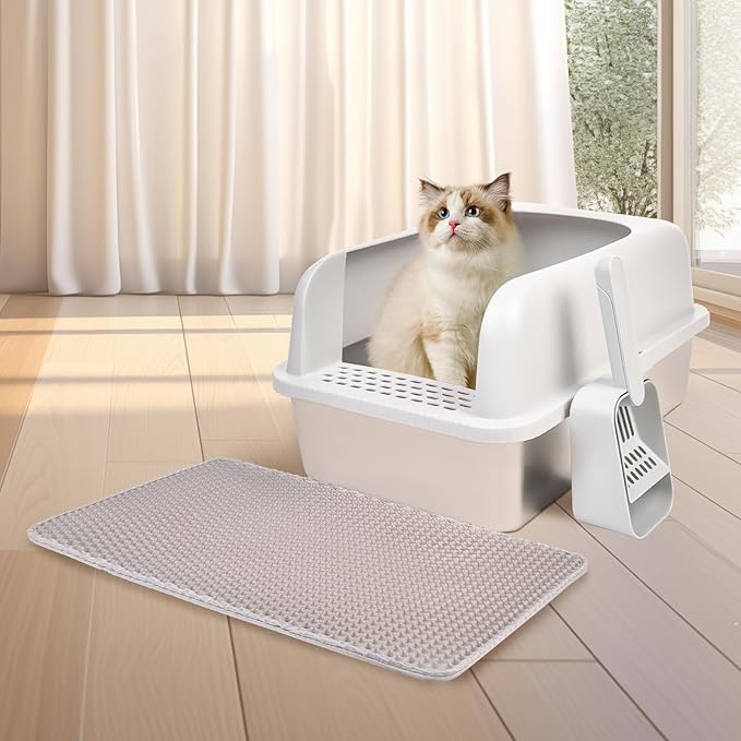 Henkelion Stainless Steel Cat Litter Box with Lid, 20" L x 14.2" W x 11.8" H, Extra Large Litter Box for Big Cats with High Sided, Anti-Urine Leakage, Easy Cleaning, Include Cat Mat and Scoop - Image 8