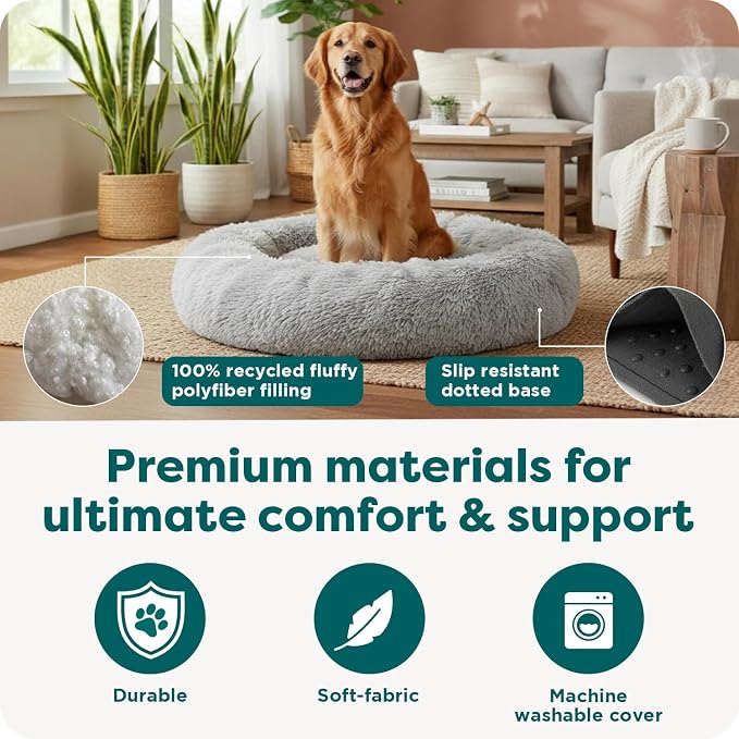 Furhaven 45" Round Calming Donut Dog Bed for Large Dogs, Refillable w/ Removable Washable Cover, For Dogs Up to 90 lbs - Shaggy Plush Long Faux Fur Donut Bed - Taupe, Jumbo/XL - Image 5