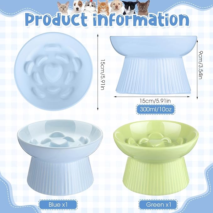 Tioncy 2 Pcs Ceramic Elevated Slow Feeder Cat Bowl, Raised Cat Slow Feeder Bowl, Anti Vomiting for Dry and Wet Food, No Spill High Edge Easy Clean Dishwasher Safe (Green,Blue) - Image 2