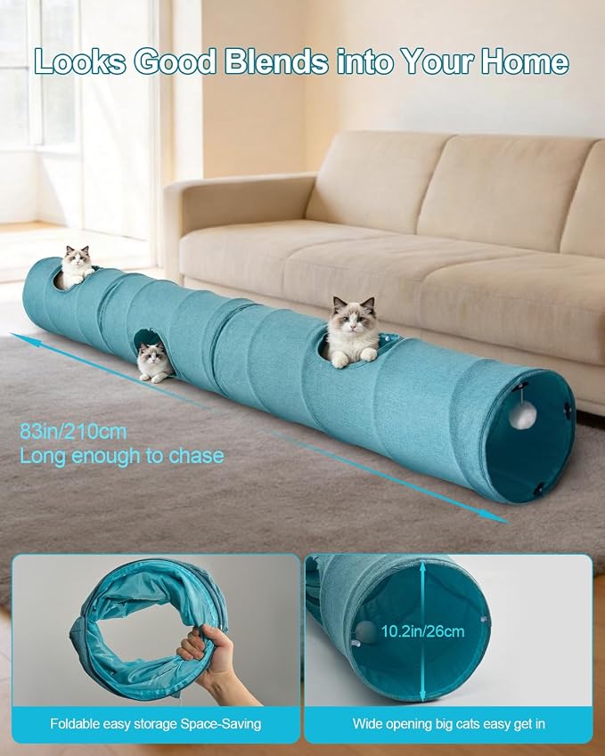 Cat Tunnel, 3 Straight Shaped Tunnels 6 DIY Shapes with Wand Toys, No Noise Scratch Resistant Cool Linen Fabric, Interactive Pet Tunnel Tube for Indoor Cats, Puppy and Rabbits - Image 7