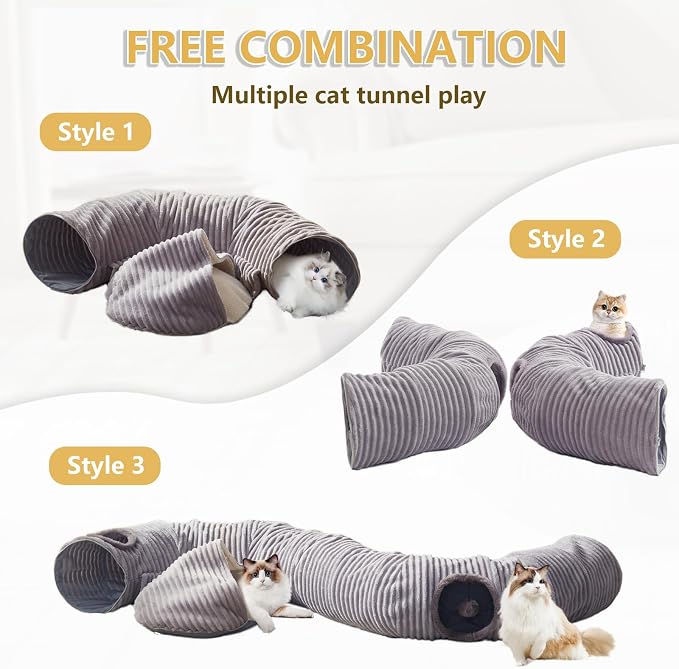 Cat Tunnel Bed for Indoor Cats - Cute Cat Donut Tunnel with Washable Circle Cushion and Blackout Tent Round Pet Play Toy for Kitten/Puppy/Rabbit, Grey - Image 2
