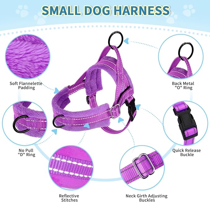 Lukovee Small Dog Harness and Leash Set, No Pull Soft Padded Vest | Both Neck & Chest Adjustable, Reflective, Puppy Harness with 4ft Lightweight Anti-Twist Dog Leash for Small Dogs (Purple, XS) - Image 2