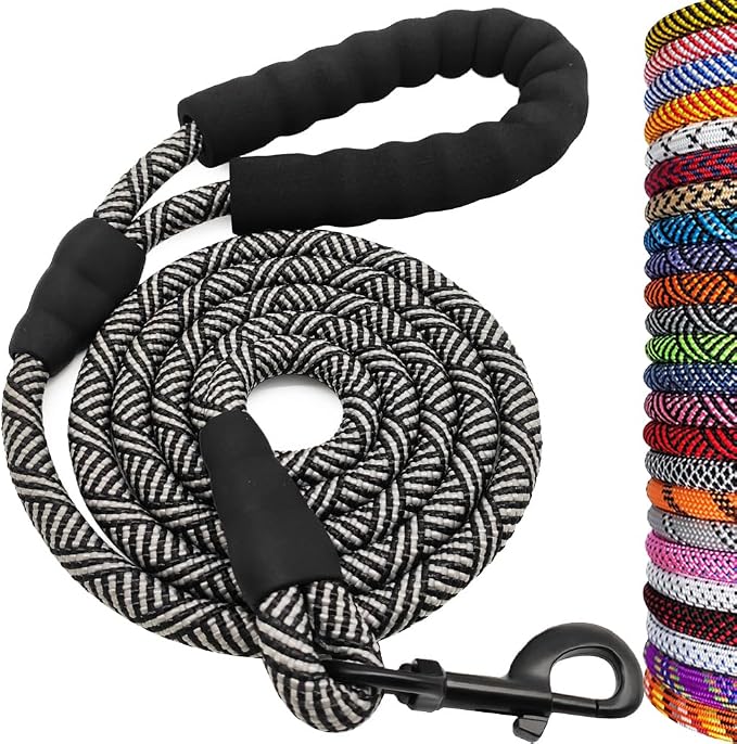 MayPaw Heavy Duty Rope Dog Leash, 3/4/6/7/8/10/12/15/20/30 FT Nylon Pet Leash, Soft Padded Handle Thick Lead Leashes for Large Medium Dogs (Black, 1/2" * 4') by MayPaw
