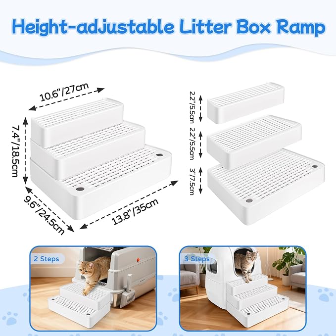Extra Large 3 Steps Litter Box Ramp, Adjustable Cat Litter Box Step with Filter Function, Easy to Clean Cat Litter Stair Catcher for Elderly Cats and Kitten (White) - Image 2
