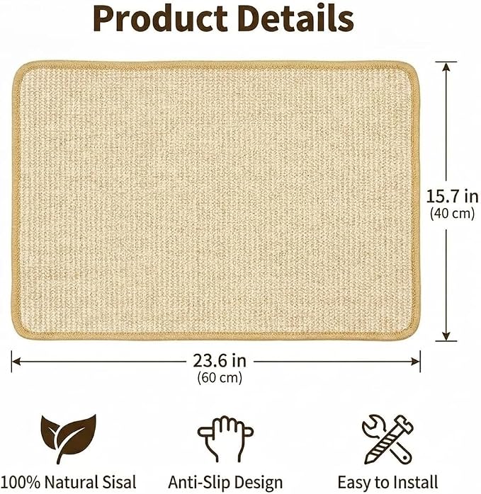 2 Pack Cat Scratcher Mat, Sisal, Jute Border, Sofa Protector, 23.6x15.7in | pingping-go, Anti-Slip Latex Base, Floor Protector, Wall Mountable, Indoor & Outdoor, Beige - Image 6