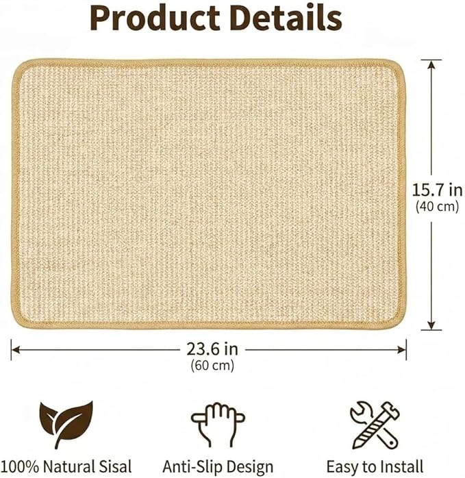 Cat Scratcher Mat, Sisal, Jute Border, Sofa & Floor Protector, 23.6x15.7in | pingping-go,1 Pack, Anti-Slip Latex Base, Wall Mountable, Indoor & Outdoor, Beige - Image 6