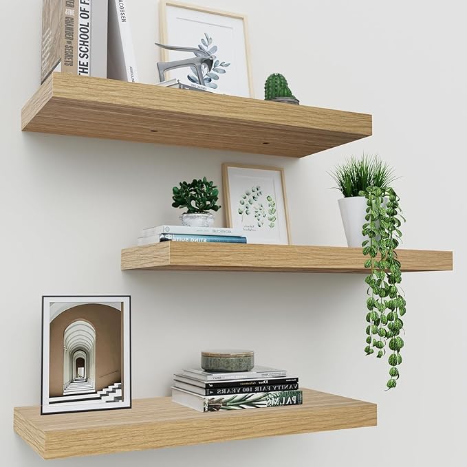 Floating Shelves for Wall Set of 3, 16 Inch Light Brown Shelves Bedroom | Light Brown Engineered Wood, Hidden Metal Brackets, Space-saving, Bedroom Kitchen Bathroom Decor by Upassion