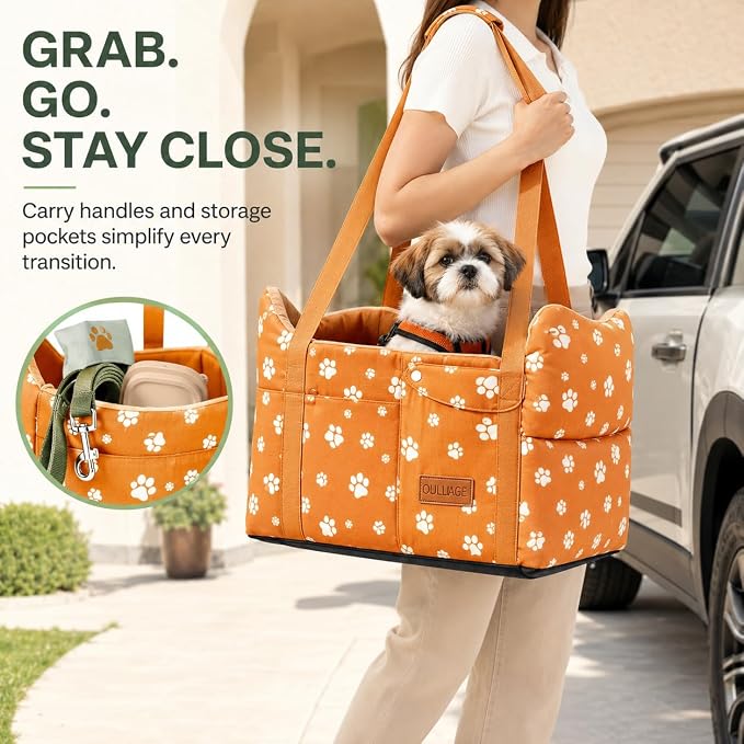 Center Console Dog Car Seat for Medium Dogs, Orange | Portable Armrest Booster With Soft Cushion Safety Belt, Up To 21 Lbs - Image 4
