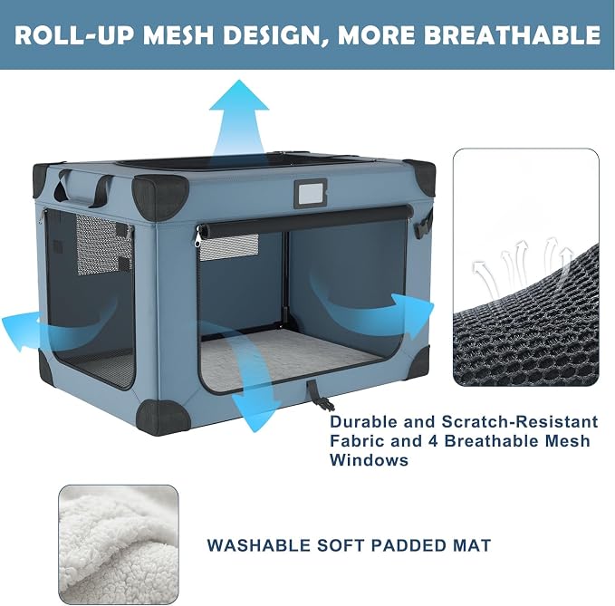 42 Inch Foldable Dog Travel Crate Blue with Sturdy Metal Frame | Chew-Proof Mesh Window,Soft Blanket and Foldable Bowl,Waterproof and Easy to Clean,Portable for Camping,Signature card - Image 2