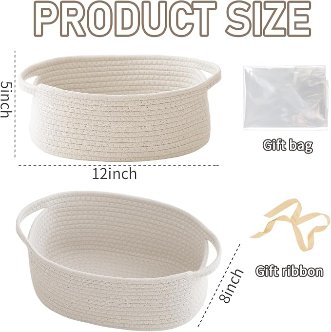 JMvicyroam Small Woven Basket, Empty Gift Basket, White/1 Pack | Small Gift Basket, Cotton Rope, 12 x 8 x 6 in, Handles, Includes Ribbon and Bag, Birthday Gift Basket - Image 2