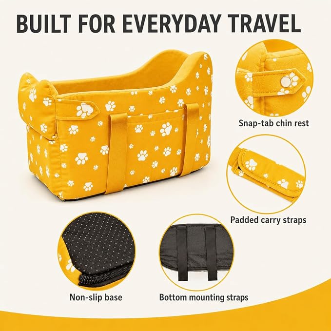 Small Dog Car Seat for Center Console, Yellow | Portable Puppy Armrest Booster for Dogs 5-15 lbs, Anti-Collapse Support with Washable Fluffy Cushion - Image 5