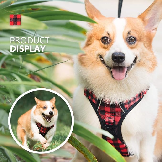 PoyPet Plaid Dog Harness Medium, No Pull Vest with Front Clip & Neck Buckle | Padded Handle, Reflective, No Choke, Lockable, 2 Leash Rings, Full Adjustable, for Training Walking, M, Checkered Red - Image 4