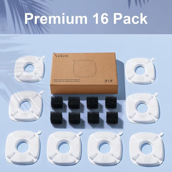 Veken Cat Water Fountain Filter, Classic 8 Pack Replacement Filters | and 8 Pack Replacement Pre-Filter Sponges for 50oz, 84oz, 95oz or 108oz Automatic Pet Fountain Dog Water Dispenser - Image 7