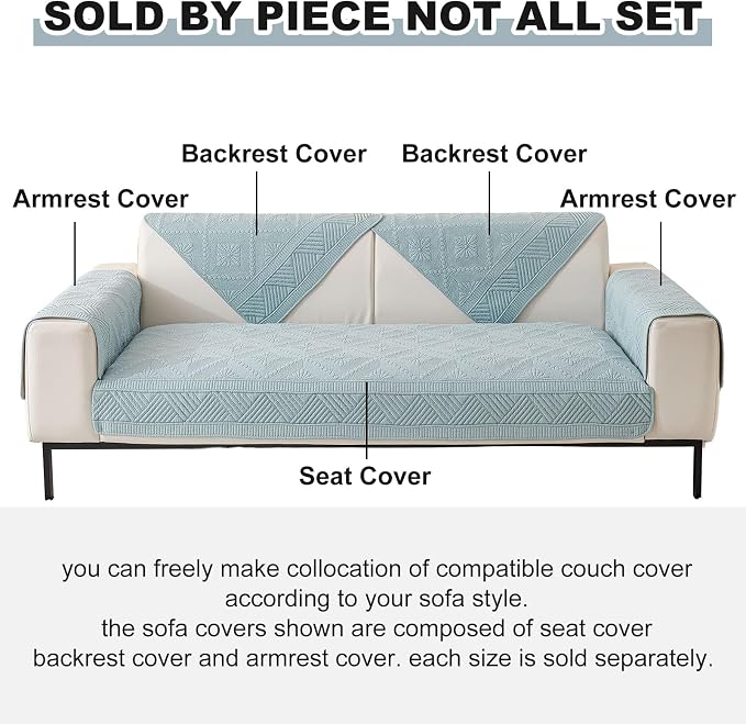 vctops Boho Cotton Quilted Sofa Couch Cover Washable Soft Non Slip Sectional Couch Covers Floral Embroidery Sofa Slipcover for Dogs, Children, Pets Furniture Protector (Blue,43"x63") - Image 2
