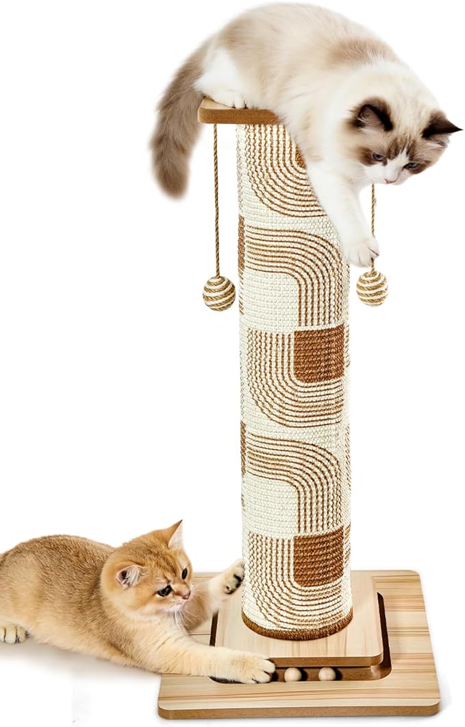 Odoland 31" Tall Large Cat Scratching Post with Replaceable Scratcher Pad | Natural Sisal, Solid Wood Base, Sturdy Durable Replaceable Pad, Interactive Track, Top Perch, Indoor Adult Cats Kitten by Odoland