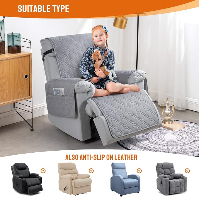 VANSOFY 100% Waterproof Recliner Chair Covers Washable, Light Gray, 28" | Non-Slip, Slipcover with Pocket, Furniture Protector, Elastic Straps, Chair Cover for Pets, Dogs - Image 7
