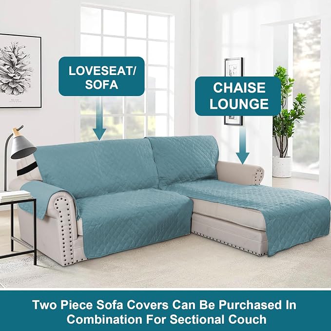 Turquoize 100% Waterproof Sofa Covers Chaise Lounge L Shape Sofa Protector Slip Cover Triple Non-Slip Sofa Slipcover for Chaise Sectional Couch Cover for Pets, Kids (Chaise, Stone Blue) - Image 5