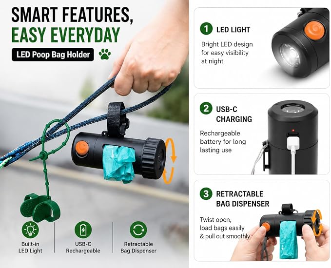 Smart Poop Bag Holder With LED Light - No Batteries Needed - USB-C Rechargeable Special Retracting Function Compact Durable Lightweight Perfect Pet Gift with poop bag opener - Image 5