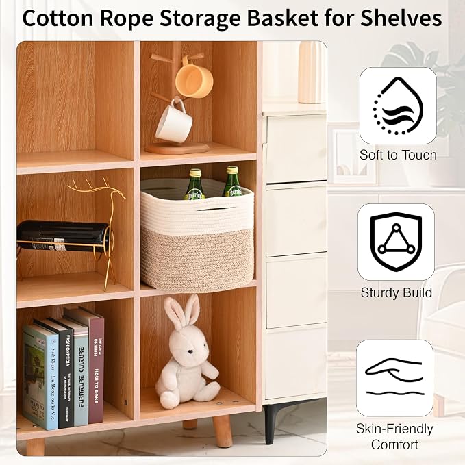 ICERZCZ Woven Cotton Rope Storage Basket for Organizing, Cute Decorative Baskets for Gifts Empty, Organizer Bins for Dog Toy, Baby Laundry, 15“×11”×9.5“, Off White & Brown - Image 5