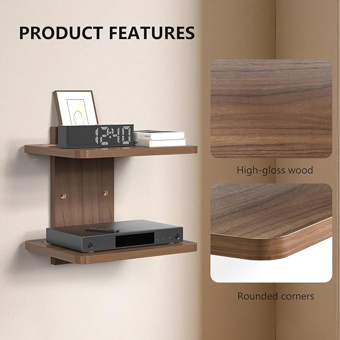 WALI Floating TV Shelf, 2 Tier Projector Shelf for DVD Players, Routers, Game Consoles, Cable Boxes, Living Room Decor Accessories, Wall Mount Shelves Holds Up to 22lbs (CS202N), 2-Shelf, Walnut Brown - Image 3