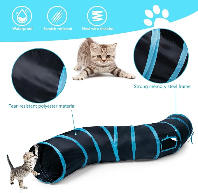 Sheldamy Cat Tunnel, S-2-Way Cat Tunnels for Indoor Cats, Collapsible Cat Play Tunnel, Interactive Toy Maze Cat House with 1 Play Ball for Cats, Puppy, Kitty, Kitten, Rabbit (Blue & Black) - Image 3