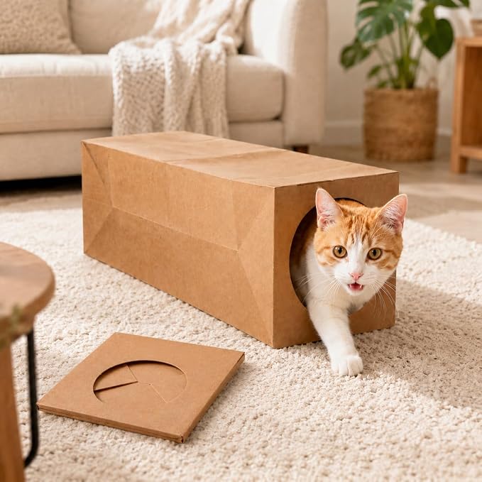 JO! Collapsible Paper Cat Tunnel, Crinkle Hideaway Toy for Indoor Cats | 100% paper, 24.4 x 10.6 x 8.7 in, Brown, Roomy for adult cats, For hiding, pouncing and hide-and-seek play - Image 6