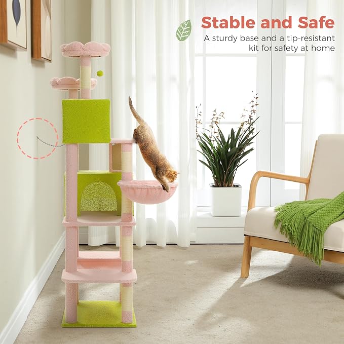 Flower Cat Tree Tall 70.8" for Adult Indoor Cats, 8-Levels Large Cat Tower with 8 Sisal Posts, 2 Hammocks, 2 Condos, Big Perch & 3 Pom Poms for Multi-Cats Household – Carpet Pink - Image 2