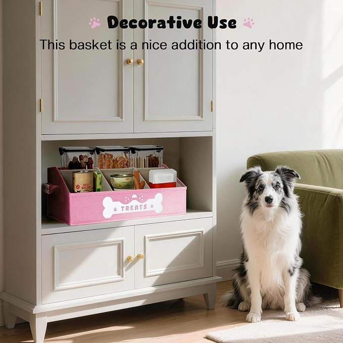 Dog Treat Container, Dogs Storage Organizer with Removable Dividers, Collapsible Dogs Treat Holder for Countertop, Trapezoid Pet Treats Containers, Dog Toy Basket with PU Handles, Medium, Pink - Image 3