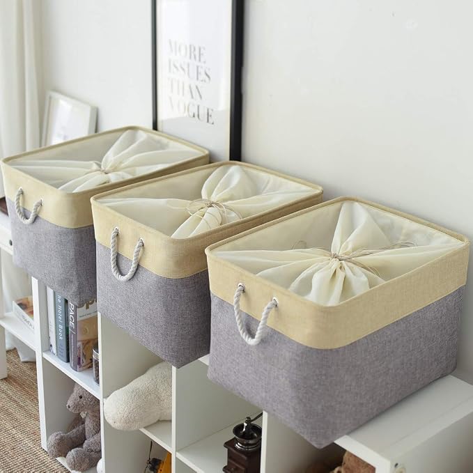 TheWarmHome Storage Bins Baskets for Organizing - Extra Jumbo 3 Pack 20.5Lx15.7Wx13.8H Sturdy Fabric Storage Basket for Shelves, Decorative Foldable Closet Nursery Toy (Gold&Grey) - Image 2