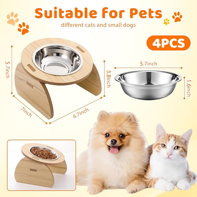 Blushtier 4 Pcs Elevated Stainless Steel Cat Bowls Bamboo Cats Feeding Station Stand, 15°Tilted 5.7 Inches Shallow Wide Raised Metal Cat Bowls for Pet Water Food Shelf Dishes for Indoor Cats Puppy - Image 2