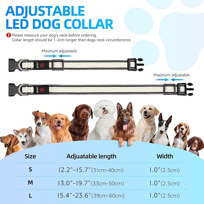 Flashseen Multicolor LED Light Up Dog Collar, RGB 9-Mode, USB Rechargable | Super Bright Lighted Dog Collar, Adjustable Soft Mesh, Glow Collar for Dog Night Walking (White, M) - Image 7