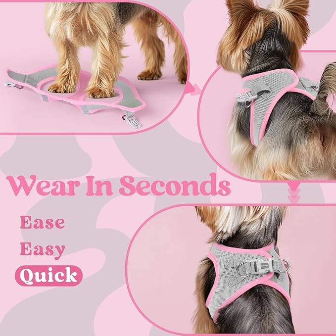 rabbitgoo Step-in Small Dog Harness, Puppy Vest for Small Medium Sized Pet | Easy Put on and off, Lightweight, Soft, Breathable Quick-Dry Air Mesh for Comfortable Secure Walking, Light Pink & Gray L - Image 5