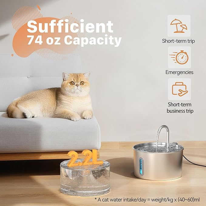 74oz Cat Water Fountain Stainless Steel for Drinking(6 Filters 3 Sponges) | 2.2L Pet Water Fountain for Cats Inside, Automatic Cat Water Dispenser Bowl, with Faucet Water Level Window, Ultra Quiet Pump - Image 2