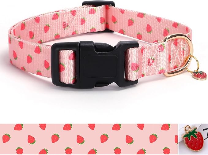 Pink Strawberry with Pendant Cute Dog Collar for Small Medium Large Dogs, M | Ligth Adjustable Nylon Puppy Collar for Boy and Girl Female, Distinctive Patterns, Comfortable for Walks and Outdoor Hikes by BOOMIBOO