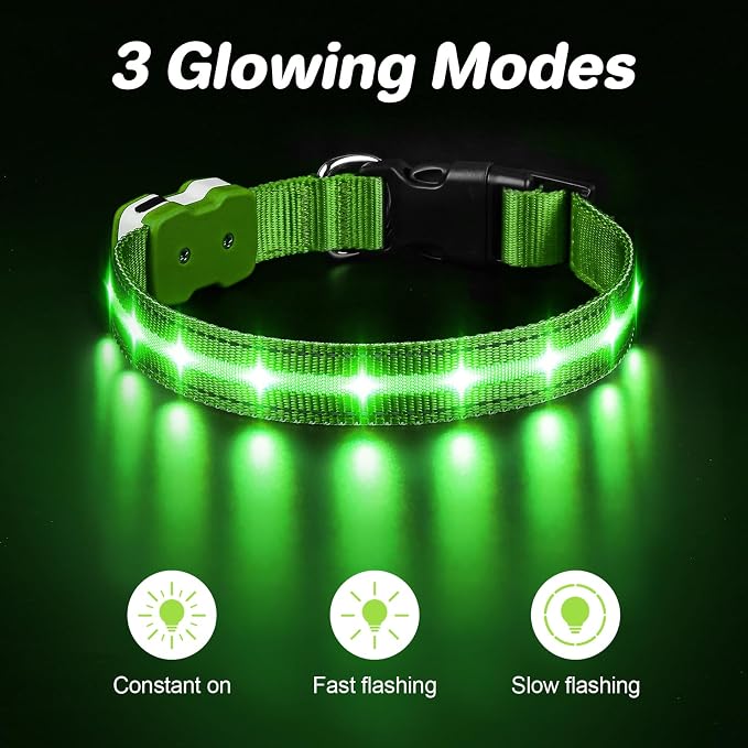 PcEoTllar Light Up Dog Collar, Glow in The Dark for Night Walking, Green, M | Led Dog Collar for Night Walking, 3 Flashing Mode, USB Charge, For Small Medium Large Dogs, Waterproof, Durable Material - Image 2