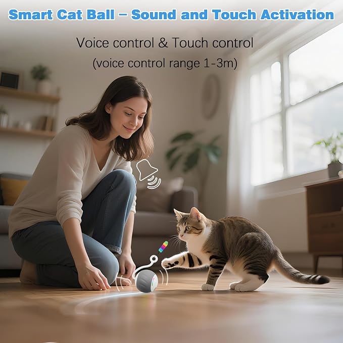 Upgraded 2.36 Inch Large Interactive Cat Toys Ball for Indoor Cats, Gray | Motion and Sound Activated, 2 Speeds, Rechargeable, 5 Replaceable Tails, Stuck-Free Motor, Pink Also Available - Image 5