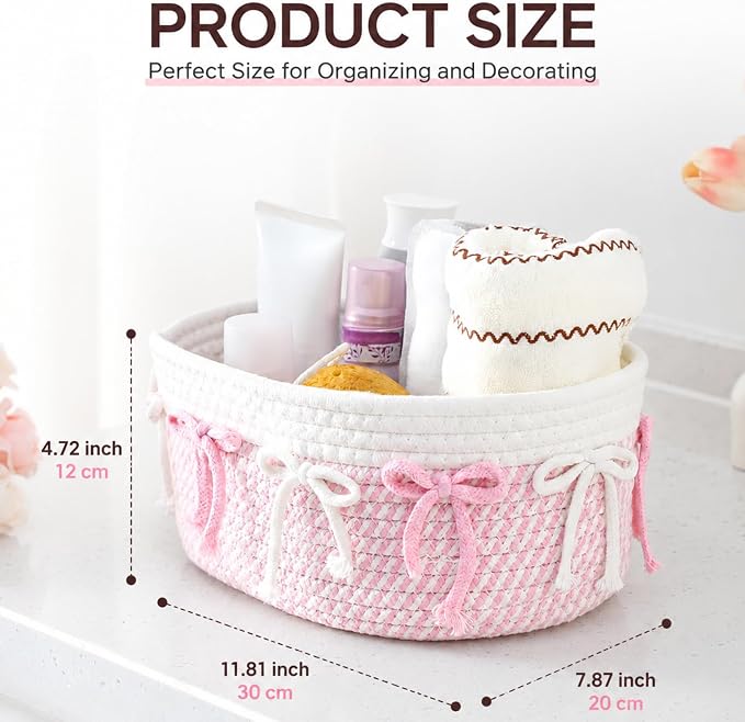 Geelin 3 Pcs Pink Basket for Gifts, Bow Woven Rope Storage Organizer Bins | Coquette Bow Tassels Design, Woven Rope Material, Organizer for Nursery Toys Laundry Hamper Shelf Decor, 11.8"x7.8"x4.7" - Image 3