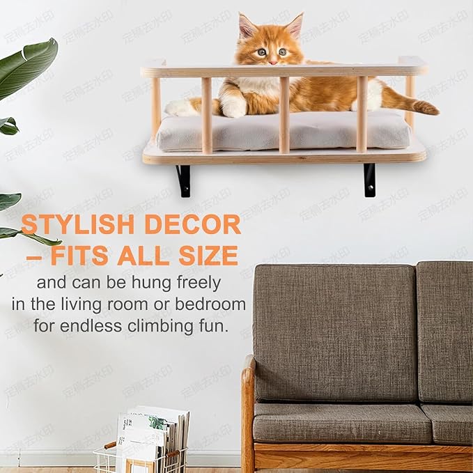 Large Cat Wall Shelves with 5 Steps - Heavy Duty Cat Wall Furniture, Climber, Shelves & Perches with Comfy Cushion & Guardrails, Space-Saving for Indoor Cats(Dark) - Image 6