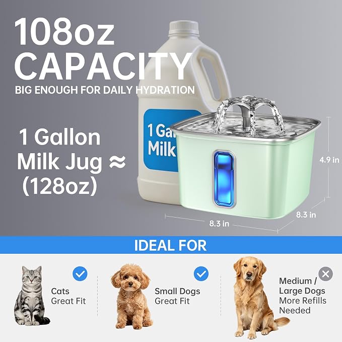 Veken Innovation Award Winner Stainless Steel Cat Water Fountain, 108oz | Automatic Pet Fountain Dog Water Dispenser with Replacement Filters & Silicone Mat for Cats, Dogs (Tea Green) - Image 4